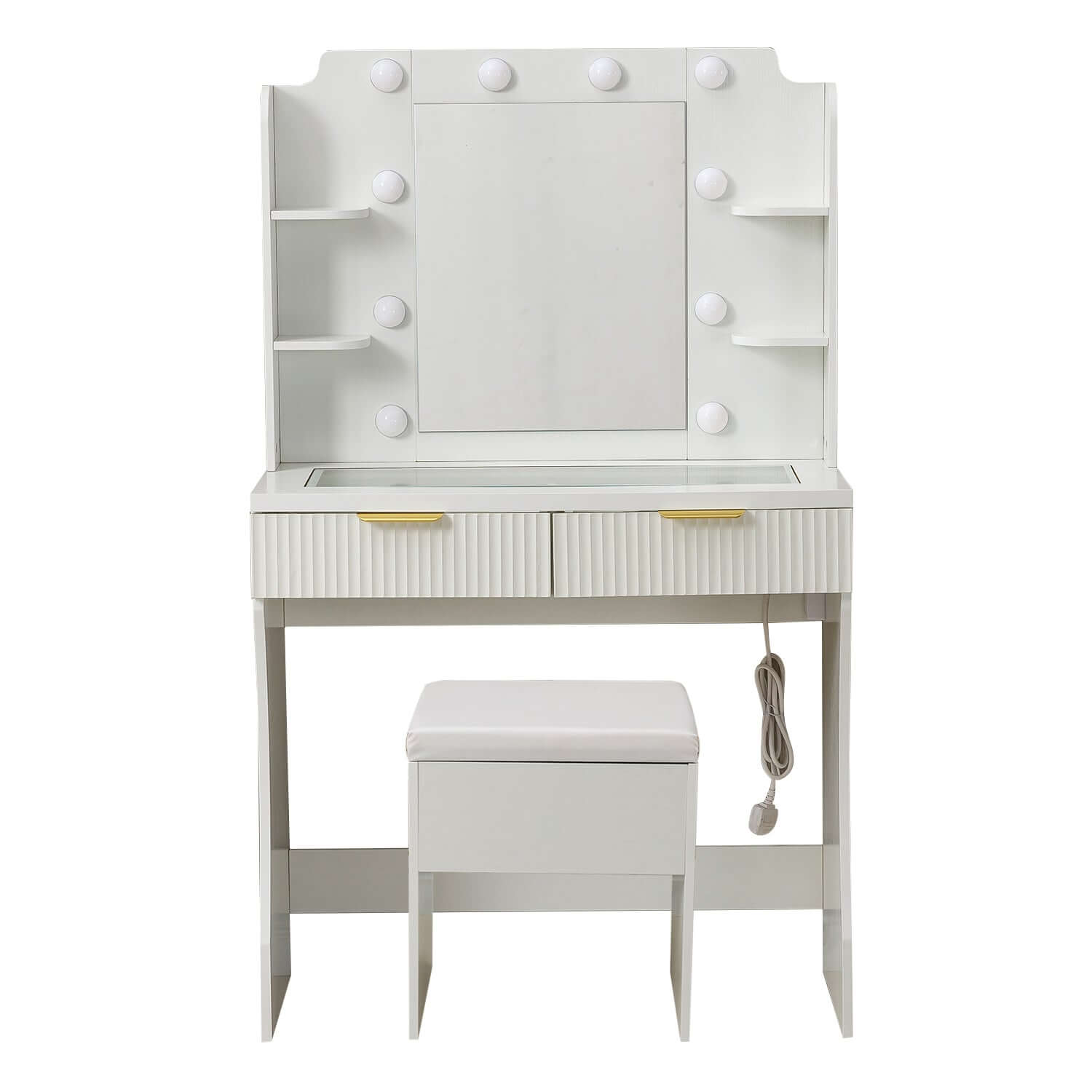 LED Dressing Table with Mirror, charging station, and stool providing a stylish makeup experience.
