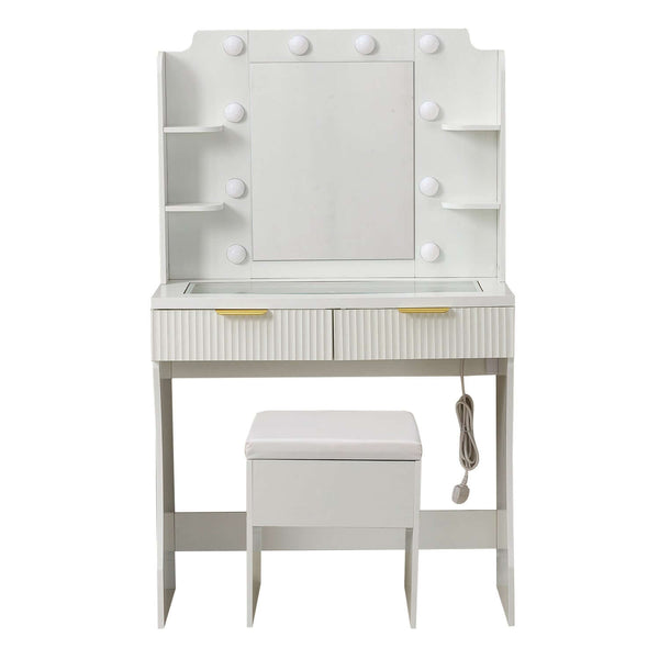 LED Dressing Table with Mirror, charging station, and stool providing a stylish makeup experience.