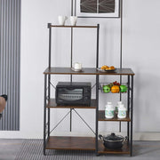 Kitchen Baker's Rack with microwave stand, wire basket, and organized shelves in a modern kitchen setting.