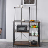 Kitchen Baker's Rack with microwave stand, wire basket, and organized shelves in a modern kitchen setting.