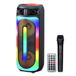 A colorful wireless Bluetooth speaker with a microphone