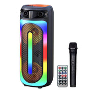 A colorful wireless Bluetooth speaker with a microphone