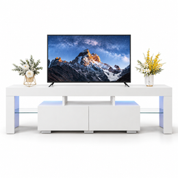 White 160cm LED TV stand with two drawers, glass shelves and blue lighting on a white background