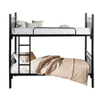 Black metal bunk bed with beige bedding on a white background