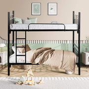 Black metal bunk bed with beige bedding in a room setting.