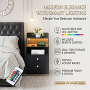Black RGB LED Bedside Table with 2 Drawers