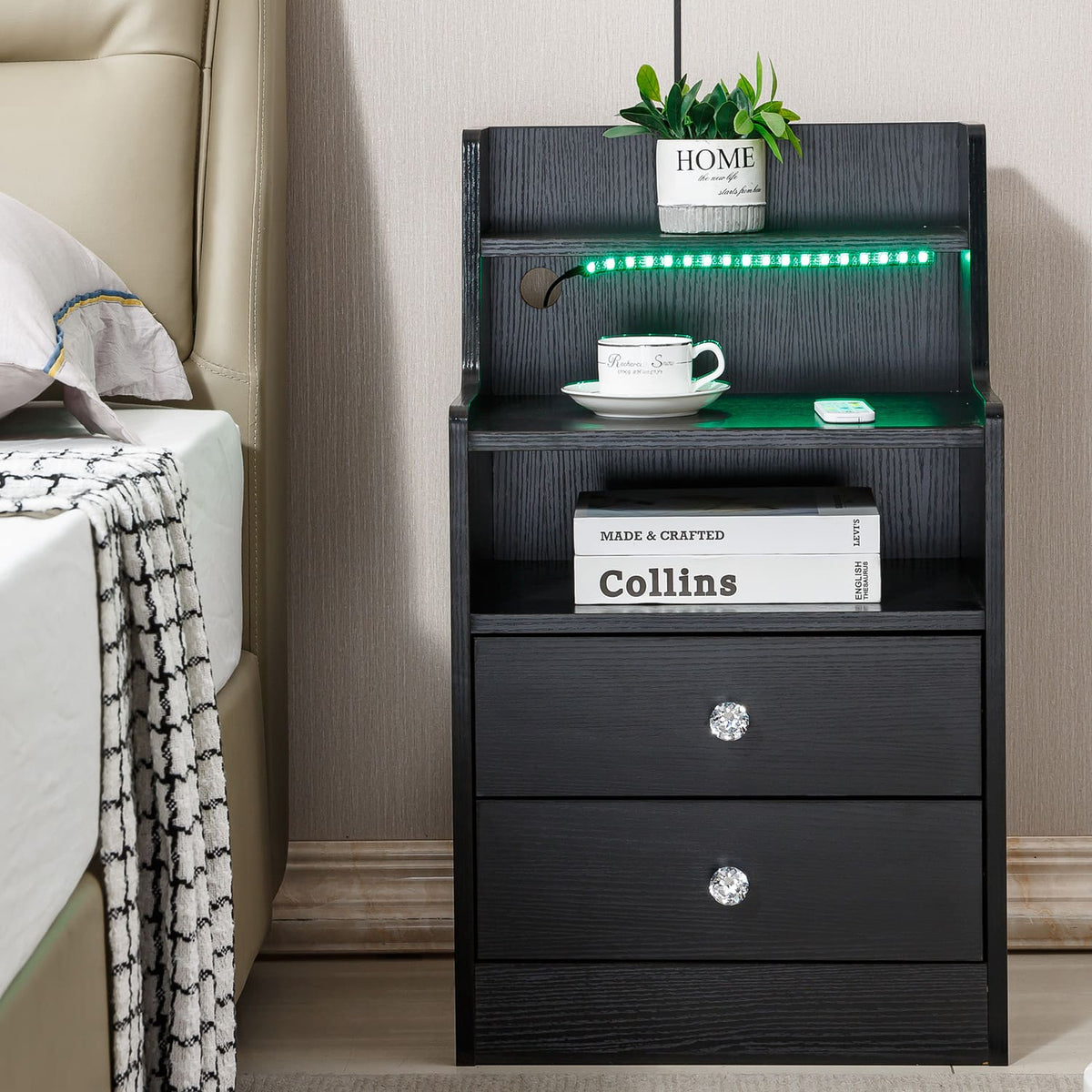 Nightstand Side End Table LED Bedside Table BSD-06 black