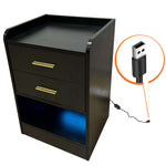 Black bedside table with built-in power connection and charging cable