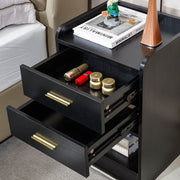 Black bedside table with both storage drawers open