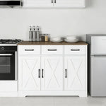 Barn-style kitchen cabinet in kitchen corner next to refrigerator