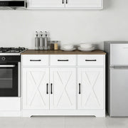 Barn-style kitchen cabinet in kitchen corner next to refrigerator