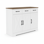 Barn-style kitchen cabinet white with walnut top 3 drawers and doors