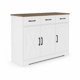 Barn-style kitchen cabinet white with walnut top 3 drawers and doors