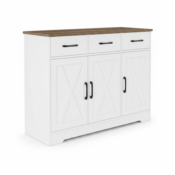 Barn-style kitchen cabinet white with walnut top 3 drawers and doors