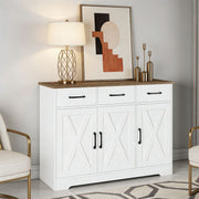 Barn-style kitchen cabinet styled in modern living room with gold lamp and art