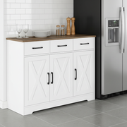 Barn-style kitchen cabinet used as kitchen buffet with plates and wine glasses