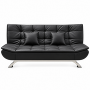 Black PU leather sofa bed with tufted seat, two cushions and chrome legs