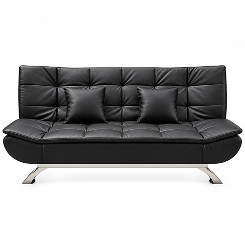 Black PU leather sofa bed with tufted seat, two cushions and chrome legs