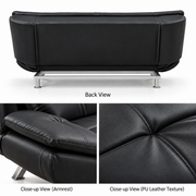 Black PU leather sofa bed rear view, armrest and upholstery texture details