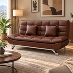 Brown PU leather sofa bed styled in a warm modern living room