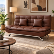 Brown PU leather sofa bed styled in a warm modern living room