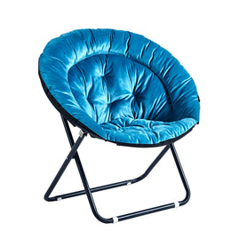 Blue circular chair with a black frame on a white background