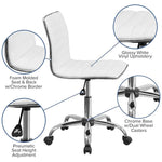Adjustable bar stool set featuring glossy white vinyl upholstery and chrome base with dual wheel casters.