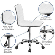 Adjustable bar stool set featuring glossy white vinyl upholstery and chrome base with dual wheel casters.