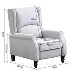 Micasa push back recliner chair dimensions and design in grey upholstery with measurement details.
