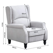 Micasa push back recliner chair dimensions and design in grey upholstery with measurement details.