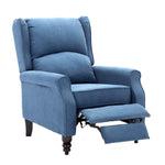 Micasa push back recliner chair in stylish blue upholstery with extended footrest and classic wooden legs.