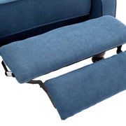 Close-up of the footrest mechanism on the Micasa push back recliner chair, showcasing soft blue upholstery.