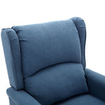 Micasa push back recliner chair with plush blue upholstery and supportive headrest.