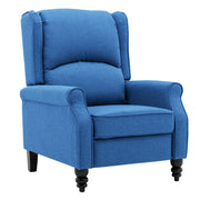 Micasa push back recliner chair in blue fabric with plush cushioning and sturdy legs.