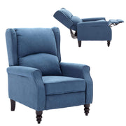 Micasa push back recliner chair in blue fabric showcasing pushback reclining feature.