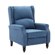 Micasa push back recliner chair in soft blue fabric with plush upholstery and dark wood legs.