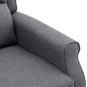 Close-up view of the Micasa push back recliner chair showing its stylish grey linen upholstery and plush armrest.