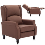 Micasa push back recliner chair in brown fabric with pushback feature and sturdy wooden legs.