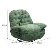 Swivel rocker glider couch with phone holder in green fabric, showcasing dimensions for optimal space planning.