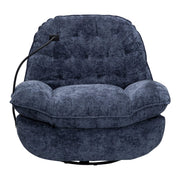Swivel rocker glider couch with phone holder in navy blue fabric, featuring plush cushioning and a modern design.