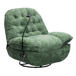Swivel rocker glider couch with phone holder in green plush fabric, featuring a modern design and adjustable backrest.