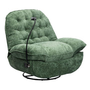 Swivel rocker glider couch with phone holder in green plush fabric, featuring a modern design and adjustable backrest.