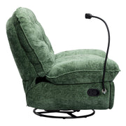 Swivel rocker glider couch with phone holder in green fabric, featuring comfortable cushioning and modern design.
