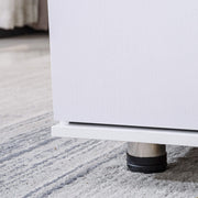 Close-up of a white piece of furniture with a black wheel on a carpeted floor. | Artisansa SA