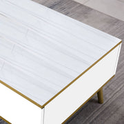 Black and Gold Coffee Table white top variant placed on a gray tiled floor - Artisansa