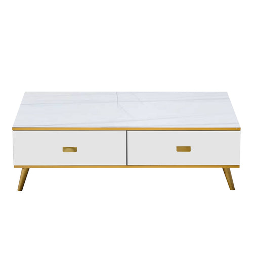 Black and Gold Coffee Table top down view showing open storage drawers - Artisansa