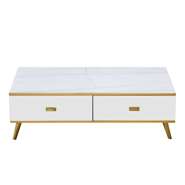 Black and Gold Coffee Table top down view showing open storage drawers - Artisansa