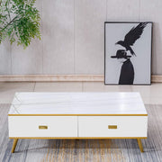 Black and Gold Coffee Table white top variant styled with a wall art piece - Artisansa