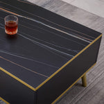 Black and Gold Coffee Table close up of black textured top with a glass - Artisansa