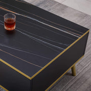 Black and Gold Coffee Table close up of black textured top with a glass - Artisansa